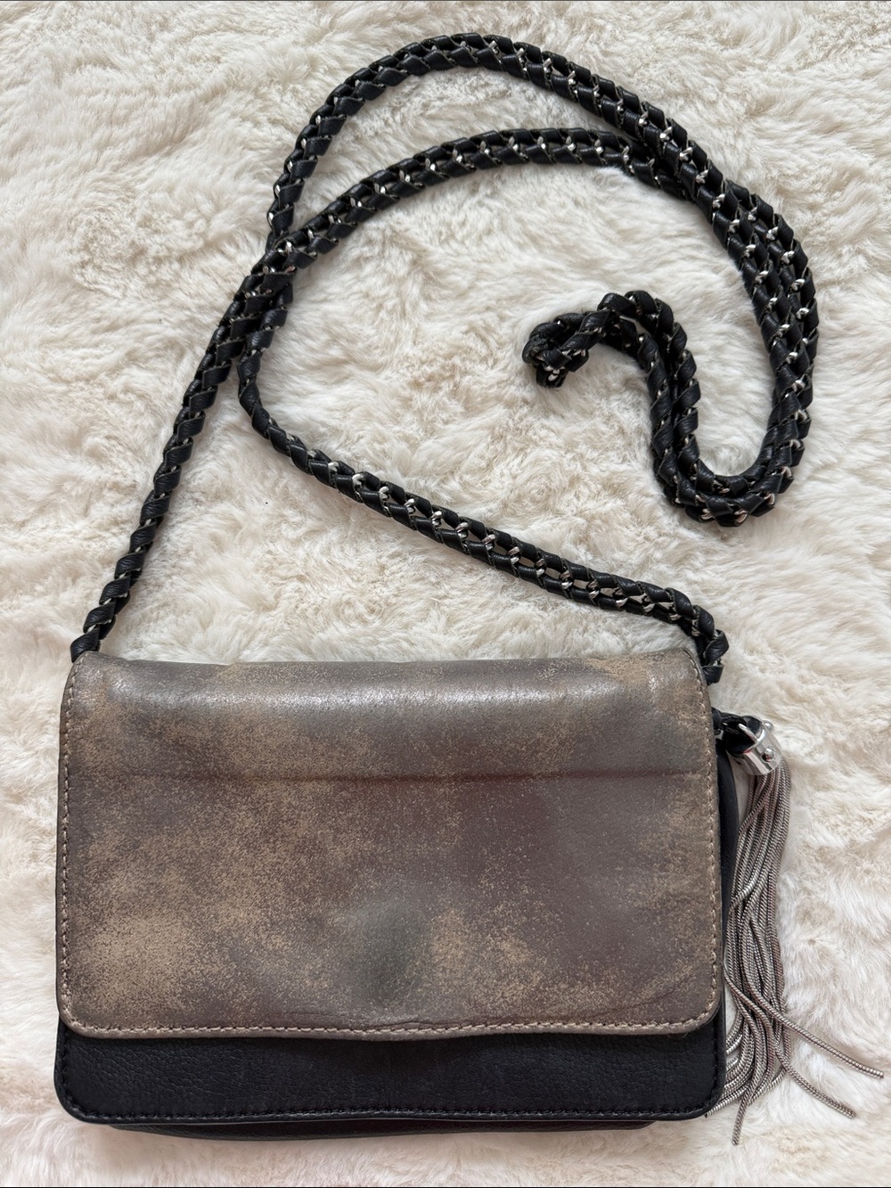 Aimee Kestenberg Leather Crossbody Bag Gunmetal Black Braided Chain Strap